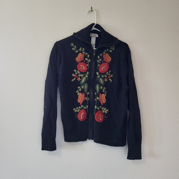Tiara International Sweaters - Navy Zip-Front Cardigan with Red Floral Embroidery